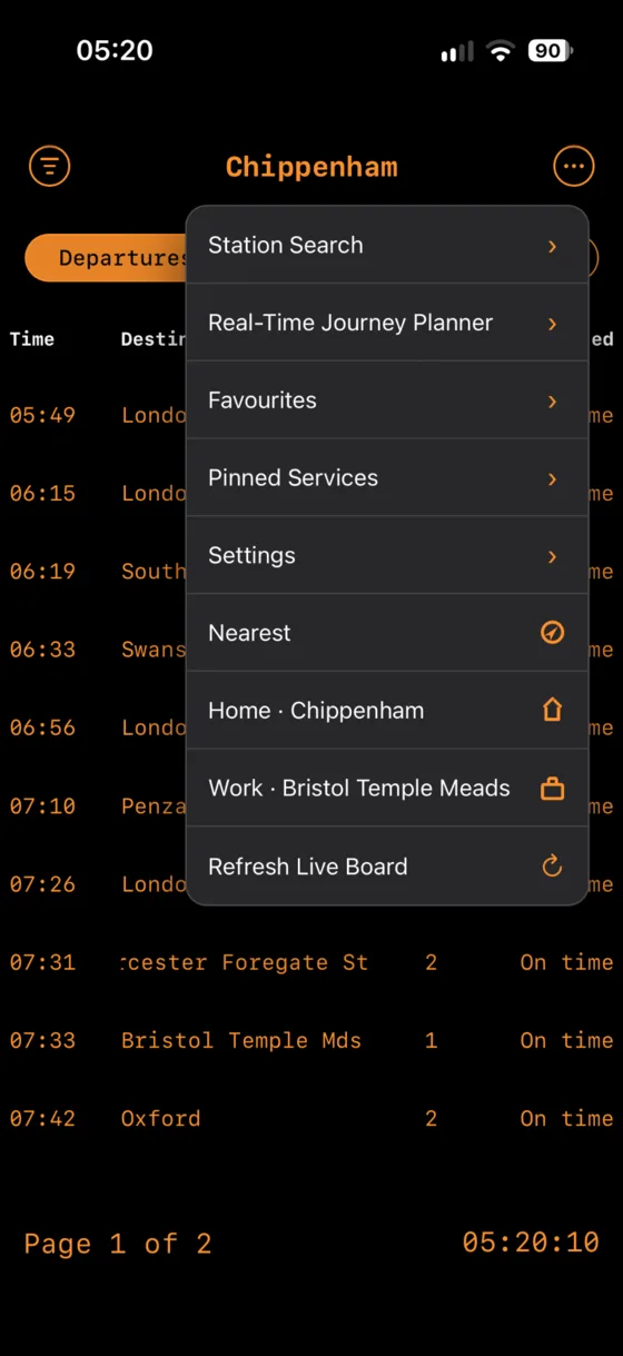 Three-dot menu on the live board