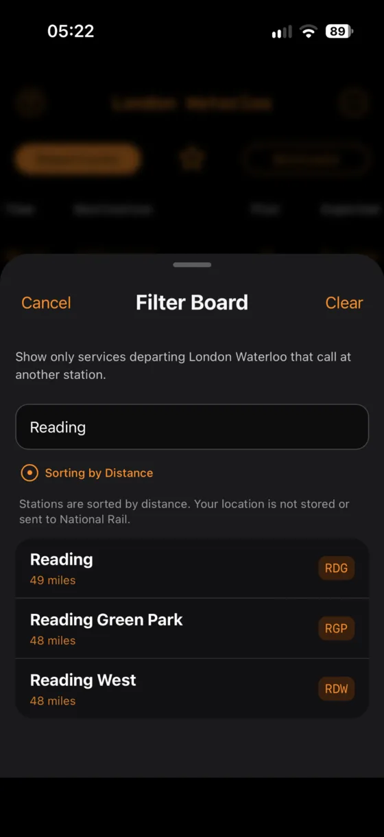 Filter Board screen searching for Reading