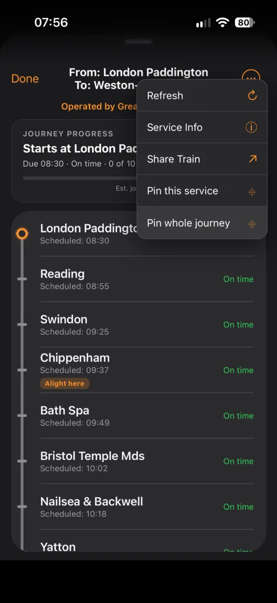 Service Details three-dot menu showing Pin whole journey