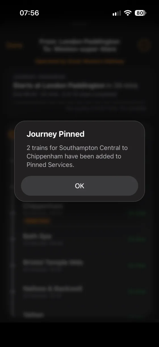 Journey Pinned confirmation for two trains