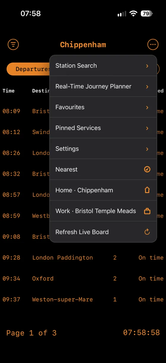 UK Train Info three-dot menu with Station Search, Journey Planner, Favourites, Pinned Services, Settings, Nearest, Home, Work and Refresh Live Board