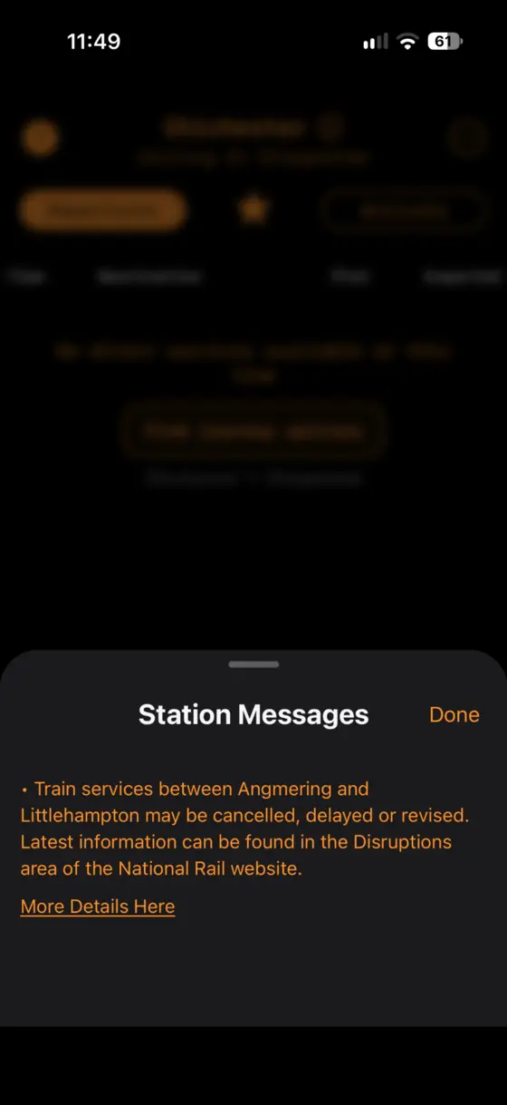 Station Messages sheet opened from the information icon beside the station name